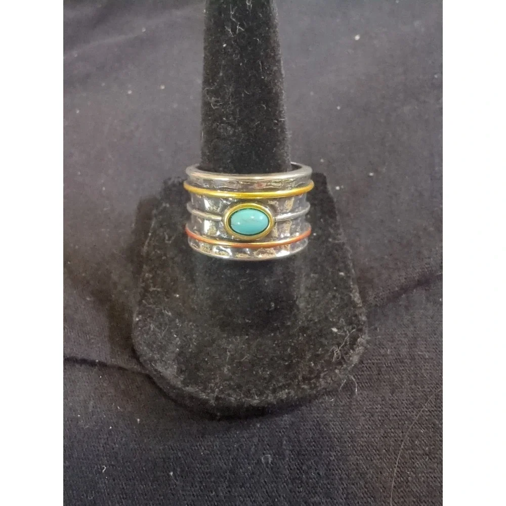 Vintage Mixed Metals‎ Chunky Ring With Turquoise Center - Size 8